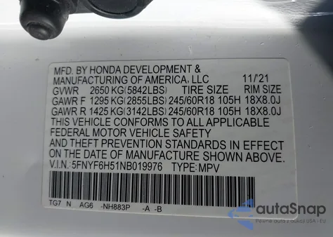 2022 Honda Pilot Awd Ex-L from USA, damaged, VIN 5FNYF6H51NB019976